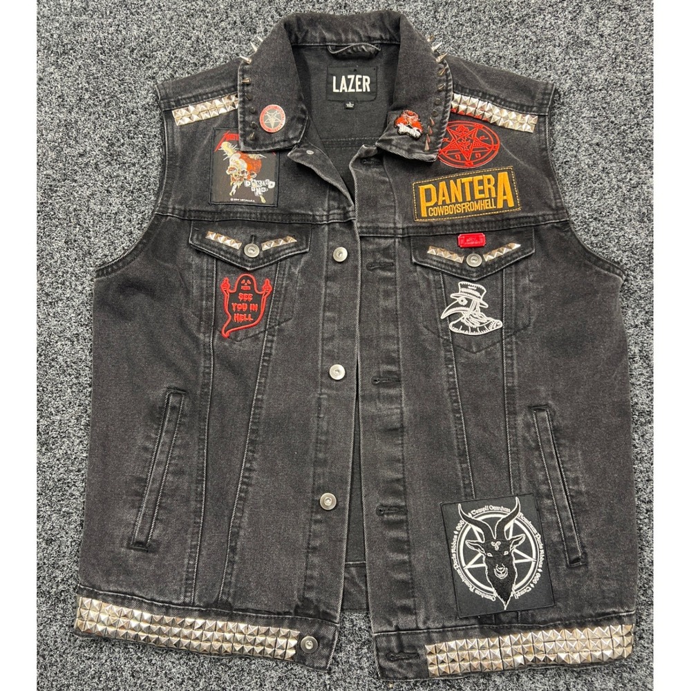 Lazer Mens Large Studded Denim Battle Vest Ghost Metallica Pantera Black Patches
